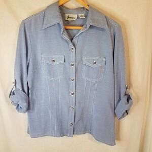 Joanna Royal Blue Houndstooth Blouse Collar Button Front Roll Tab‎ Sleeve M Vtg